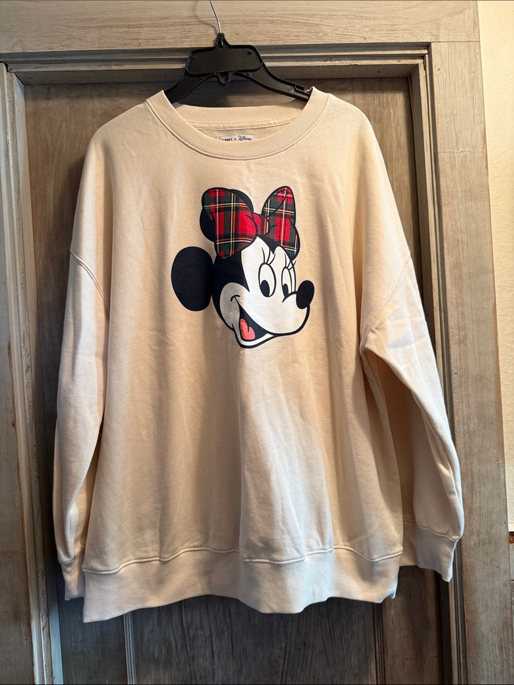 Old Navy Disney Minnie Mouse Plaid Bow Oversized Sweatshirt M Cream